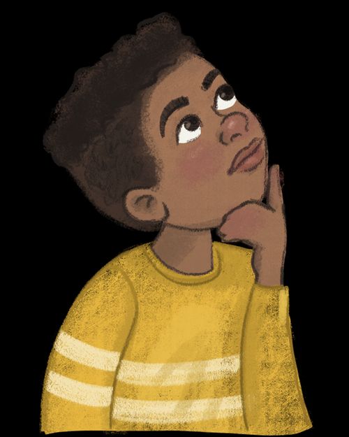 Spot 1: A boy of African descent thinking with a thought bubble coming out from the side of his head. Spot 2: A Hispanic girl pointing to her smile. Spot 3: A name tag – no type on it. Spot 4: Two Caucasian boys sitting on a bench together with backpacks on.