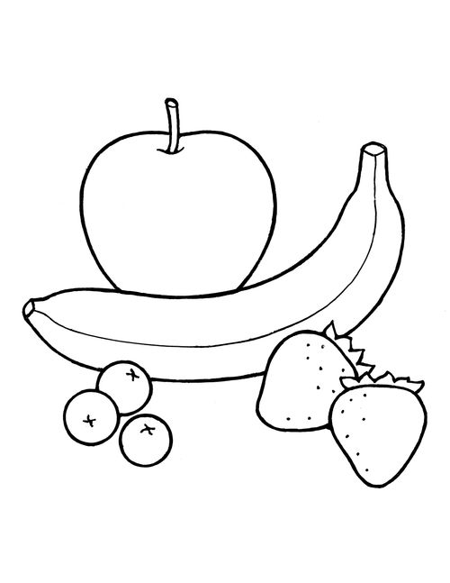 A black-and-white illustration of fruit, including a banana, three blueberries, and two strawberries.