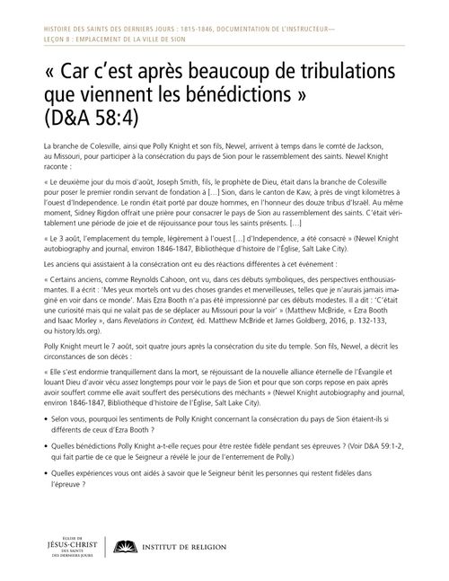 Document à distribuer : « Car c’est après beaucoup de tribulations que viennent les bénédictions » (D&A 58:4)