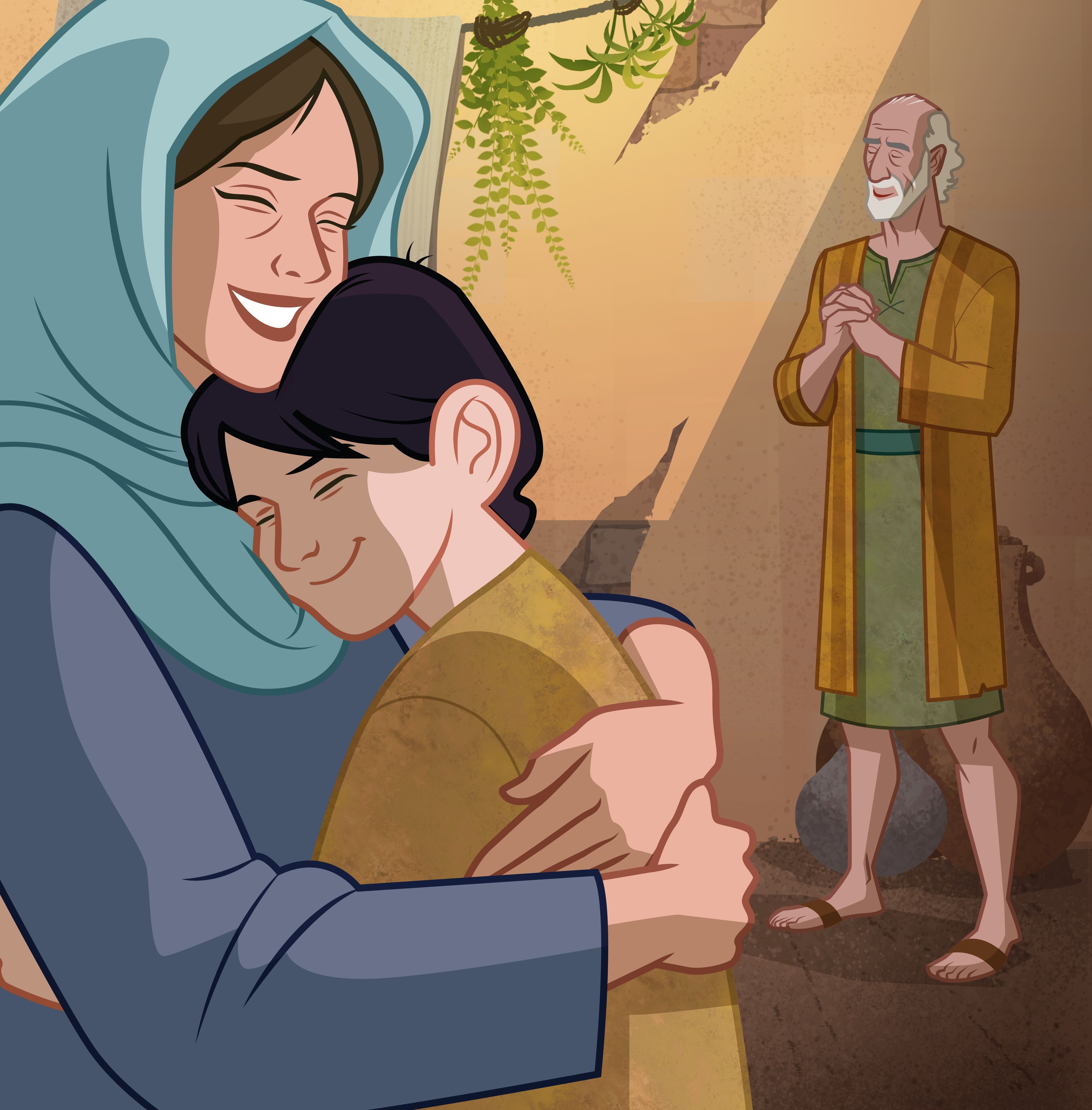 Illustration of woman hugging child. 1 Kings 17:21–24