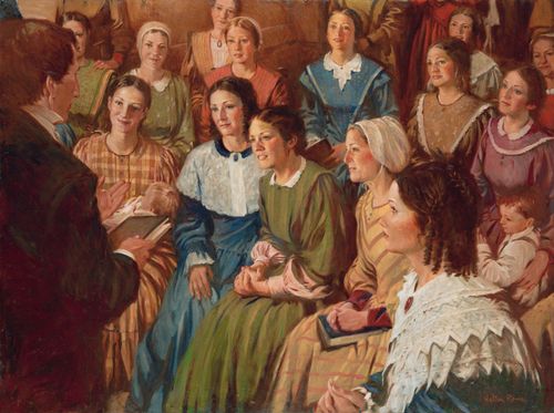 A painting by Walter Rane illustrating Joseph Smith standing and holding a book while speaking to a large group of women sitting on chairs.