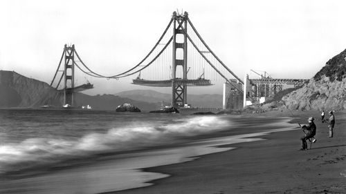 Golden Gate Bridge under construction.