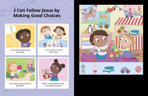 Panel story for young children with images of children making good choices, plus an activity