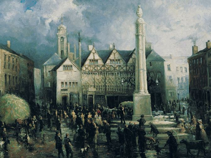 Oil painting showing town square in Preston with people milling around a tall obelisk and buildings in the background.