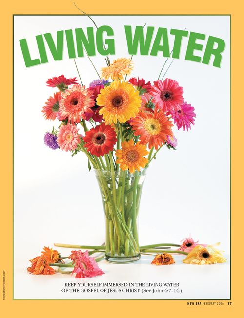 A vase of healthy flowers surrounded by dead flowers, paired with the words “Living Water.”