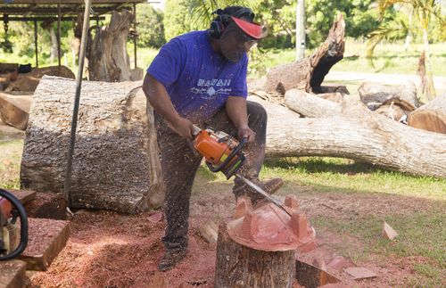 feinga cutting wood on a tree stump