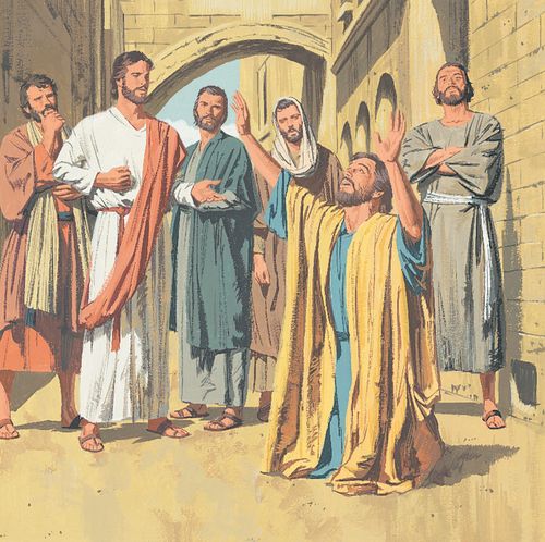 Sermon on the Mount - Jesus tells His disciples that they should pray in private - depicted is a man praying in public to be seen of men - ch.21-1