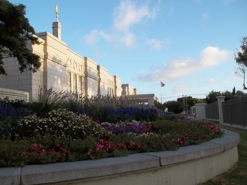 A garden of flowers and plants on the grounds of the Montevideo Uruguay Temple.
