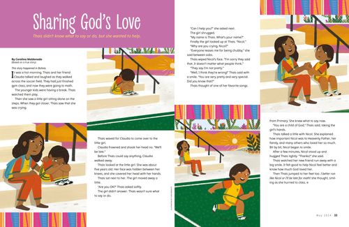 Story PDF with images of a girl comforting a sad little girl