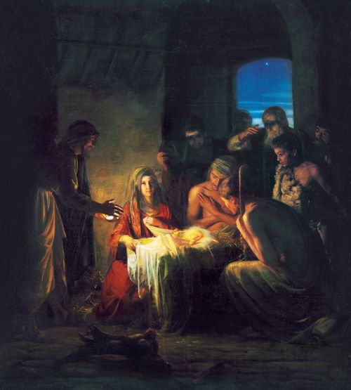 A Nativity scene showing Mary sitting near the manger while many shepherds crowd around to see the baby Jesus.