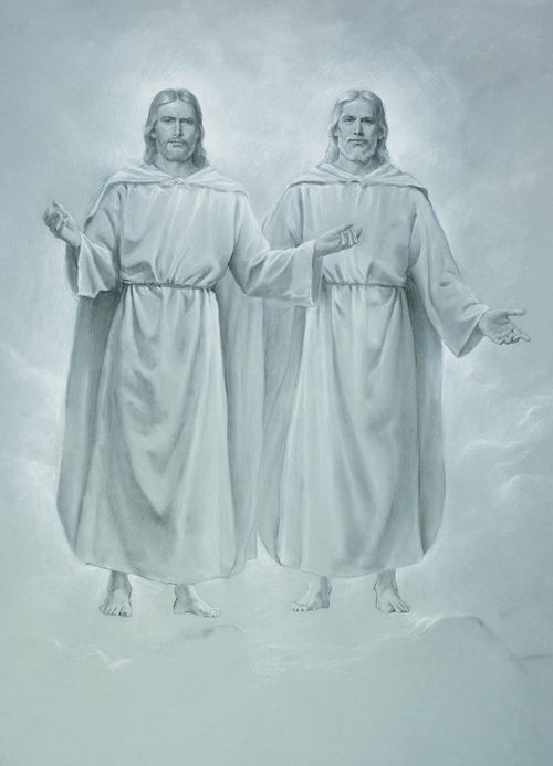 A depiction by Del Parson of Jesus Christ and God the Father in gray and white tones, standing in the air.