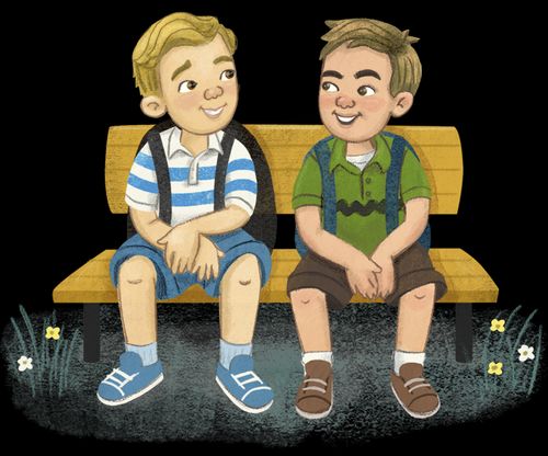 Spot 1: A boy of African descent thinking with a thought bubble coming out from the side of his head. Spot 2: A Hispanic girl pointing to her smile. Spot 3: A name tag – no type on it. Spot 4: Two Caucasian boys sitting on a bench together with backpacks on.