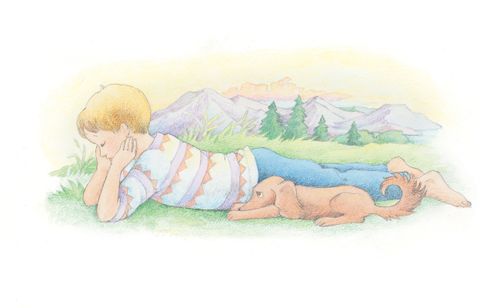 A watercolor illustration of a blonde boy and his brown puppy lying next to one another on the ground, looking down in sadness.