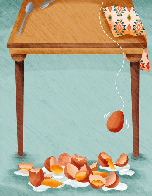 Fun story about a brother and sister rolling eggs off a table creating a huge egg mess! Illustration showing a table, falling eggs, and a messy pile of broken eggs on floor.
