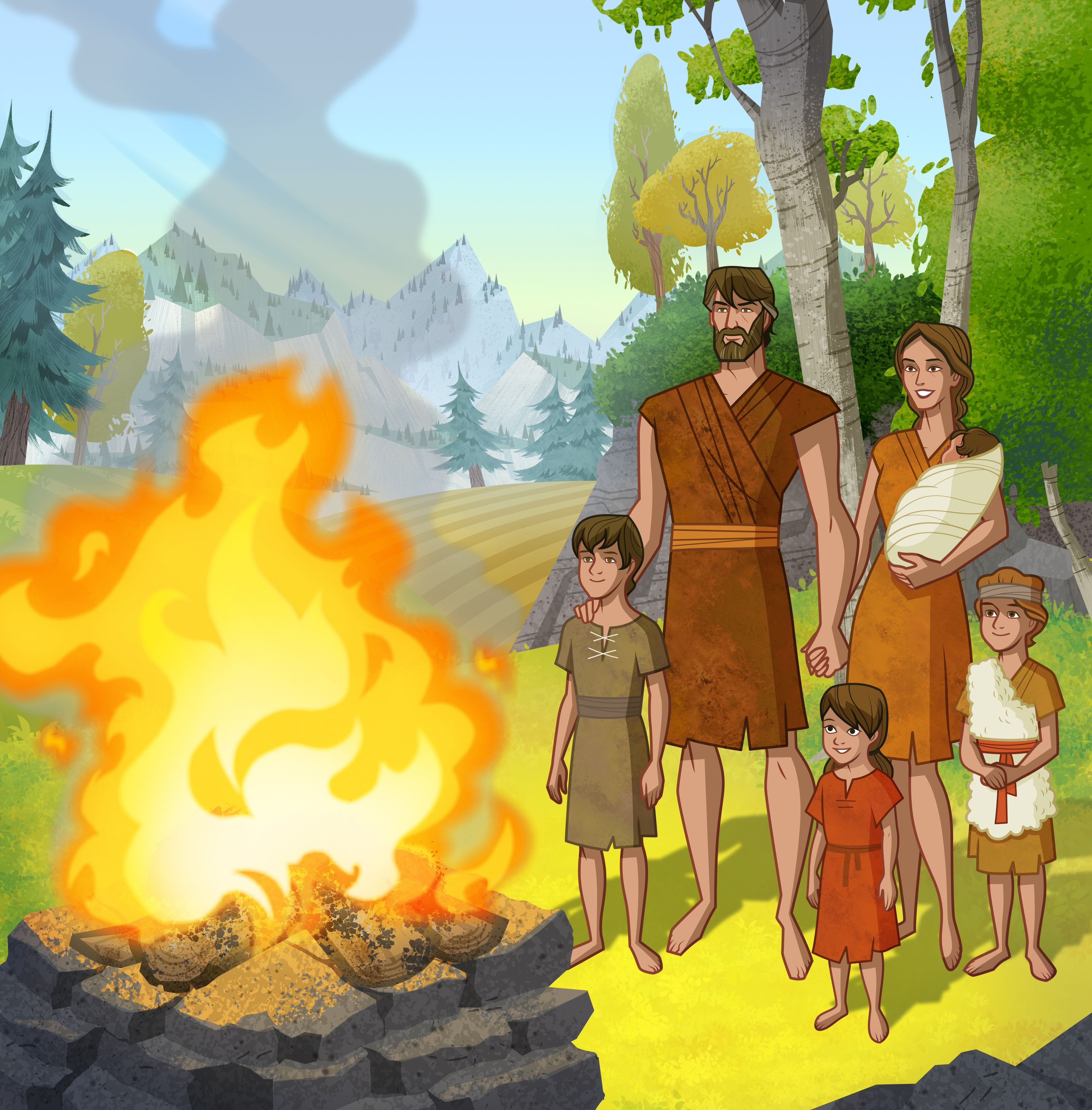 Illustration of Adam and Eve’s family looking at an alter which is burning an offering. Genesis 3:23; Moses 5:1–12