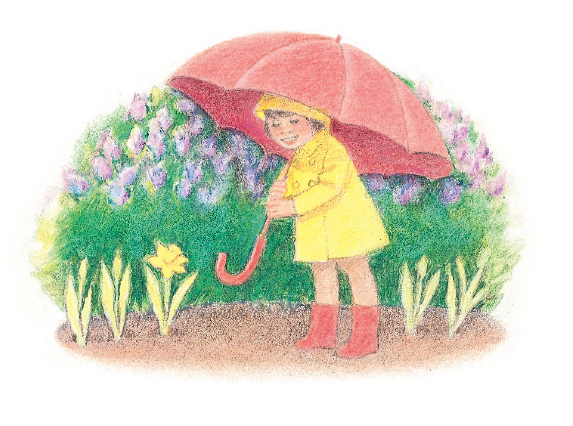 A child in boots and a raincoat walks with an umbrella through a spring garden. From the Children’s Songbook, page 228, “My Heavenly Father Loves Me”; watercolor illustration by Virginia Sargent.