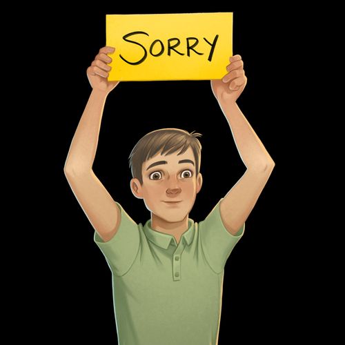 boy holding up sign saying “I’m Sorry”