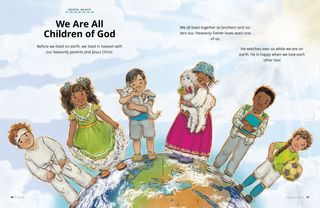 Children of various races and cultures standing on top of a globe
