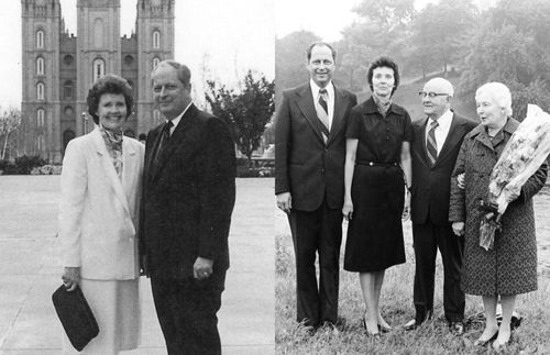 Robert D. Hales with Mary in front of temple; with Mary and President and Sister Kimball