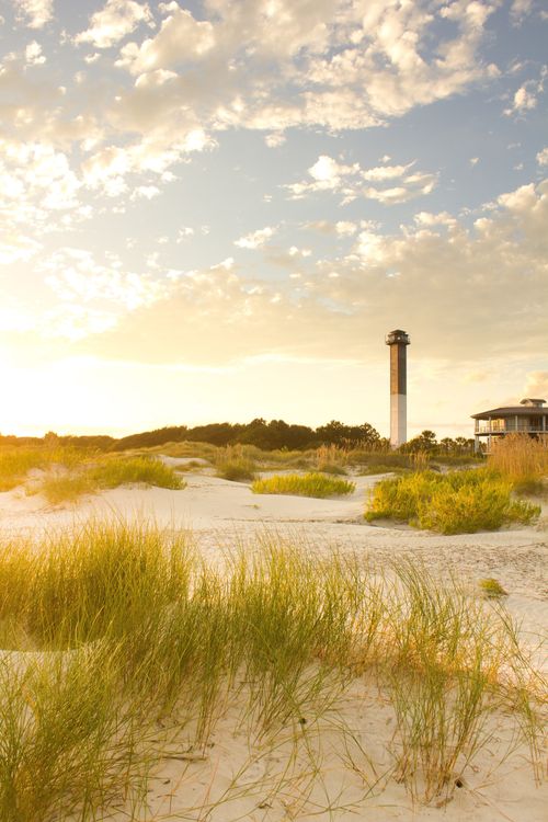 The sun shining down on a lighthouse surrounded by sand and green brush in South Carolina.