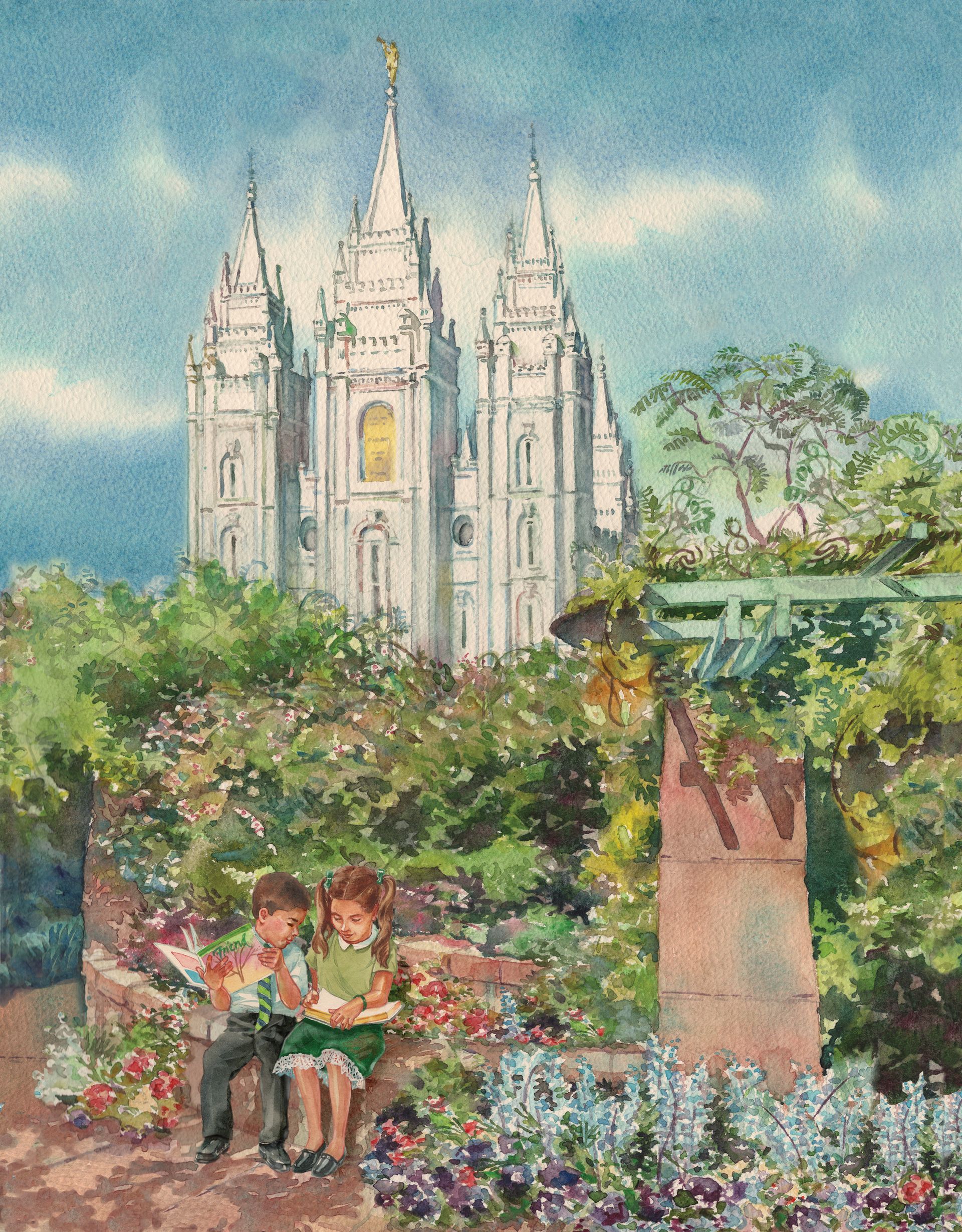 A boy and a girl sit on a bench at Temple Square together.