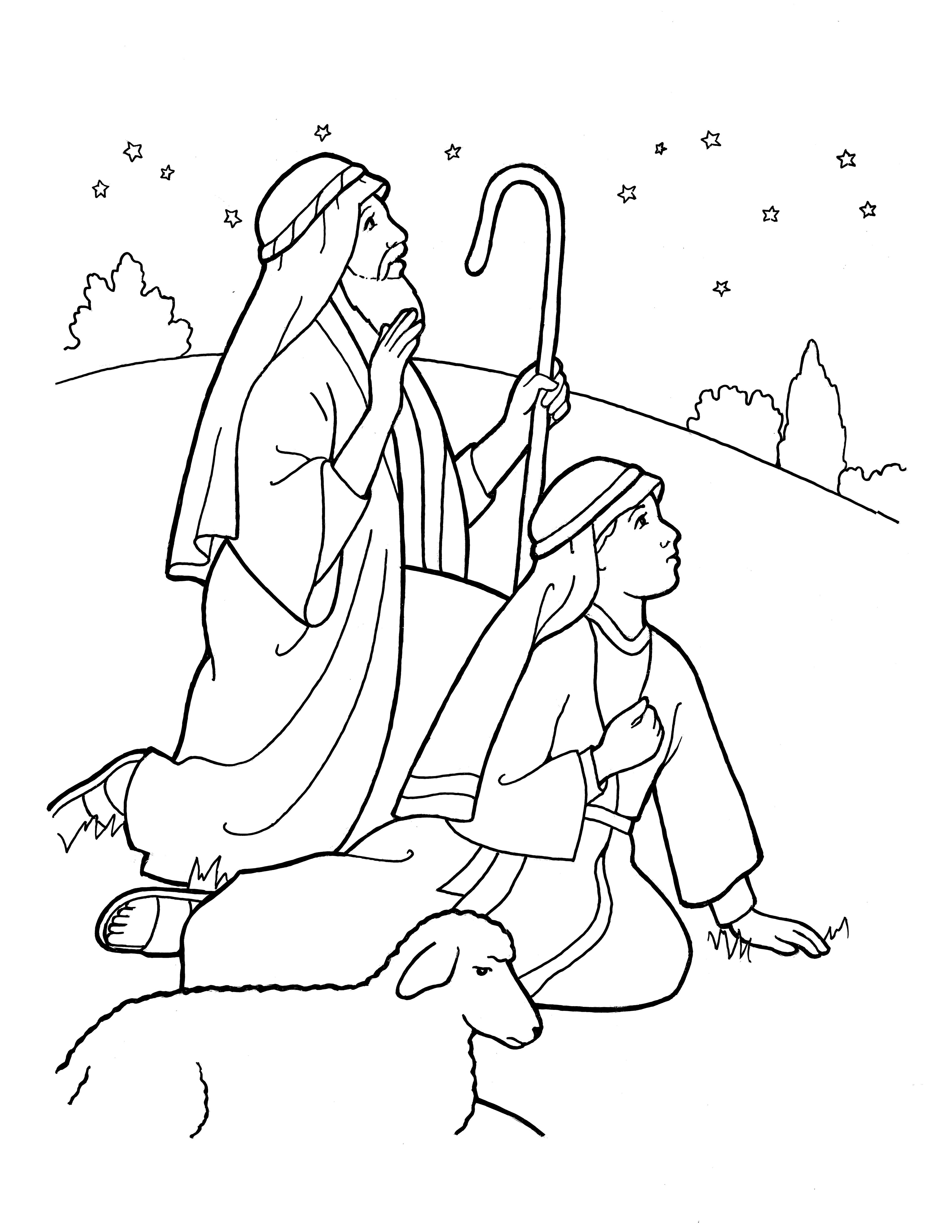 An illustration of the shepherds on Christmas night, from the nursery manual Behold Your Little Ones (2008), page 127.