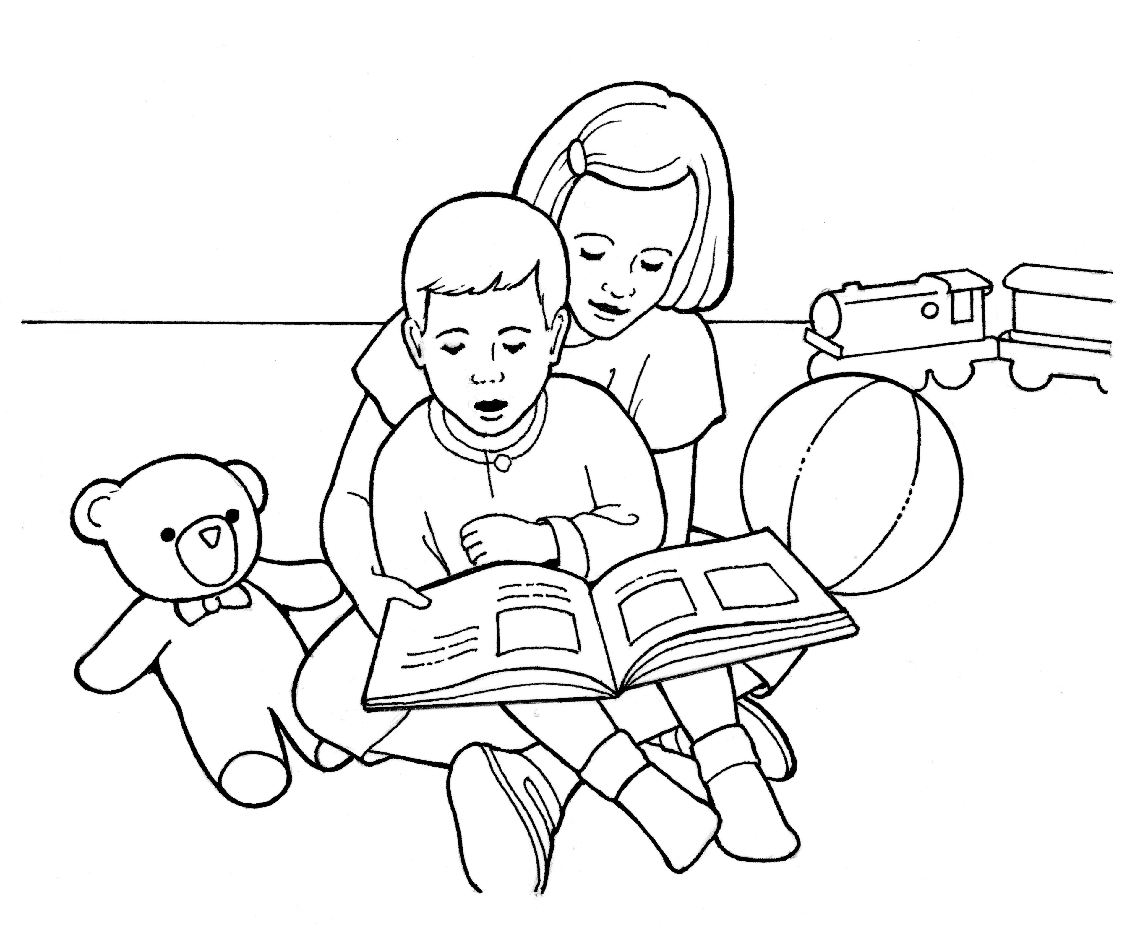 A line drawing of children reading together.