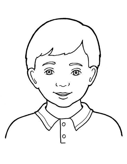 A black-and-white illustration of a Primary-age boy with short, straight hair and a shirt with a collar and two buttons.