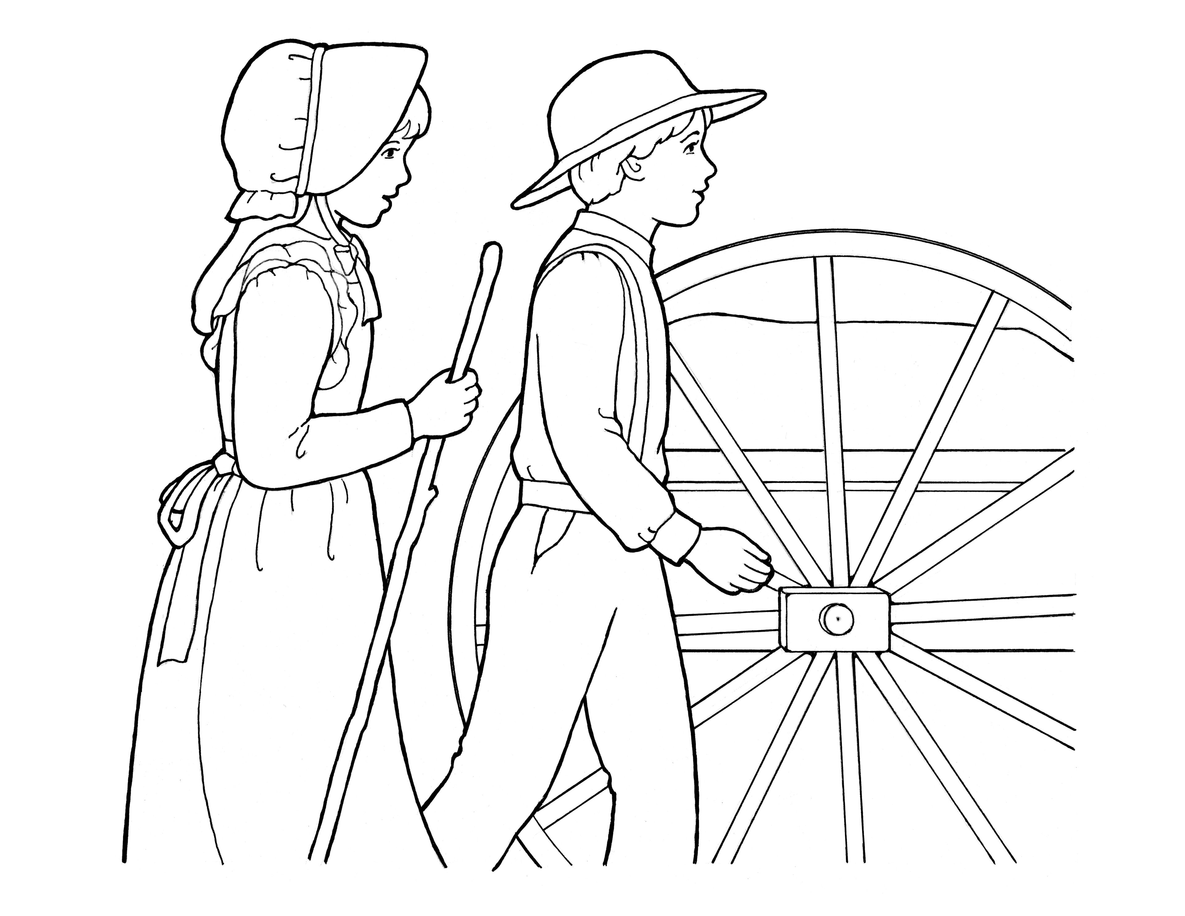 An illustration of a boy and girl pulling a handcart.