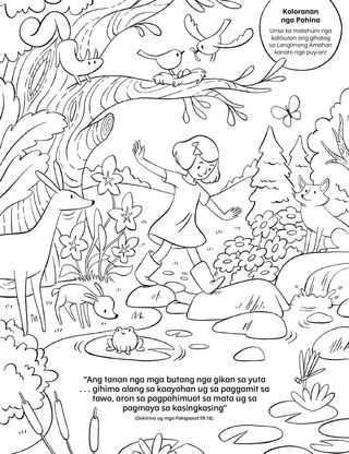 a coloring page of a girl walking through a forest scene