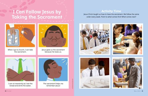 Panel story for young children with images of a child during the sacrament, plus an activity