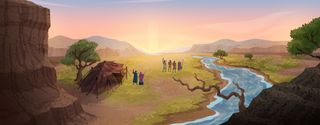 Nephi and brothers walking toward sunset by river