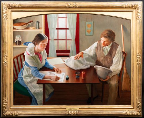 Painting showing Emma Smith writing as Joseph translates