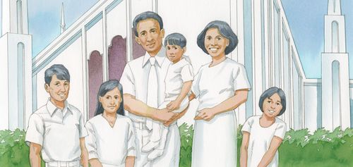 Asian family standing in front of a temple. Chapter 65-5