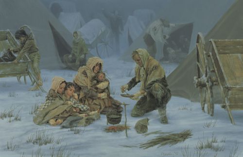 Mormon pioneers at Red Buttes Camp on October 19, 1856. The pioneers are trying to light a fire to cook with in heavy snow and wind. The painting is part of the exhibits at the Mormon Handcart Visitors' Center at Martin's Cove in Wyoming.