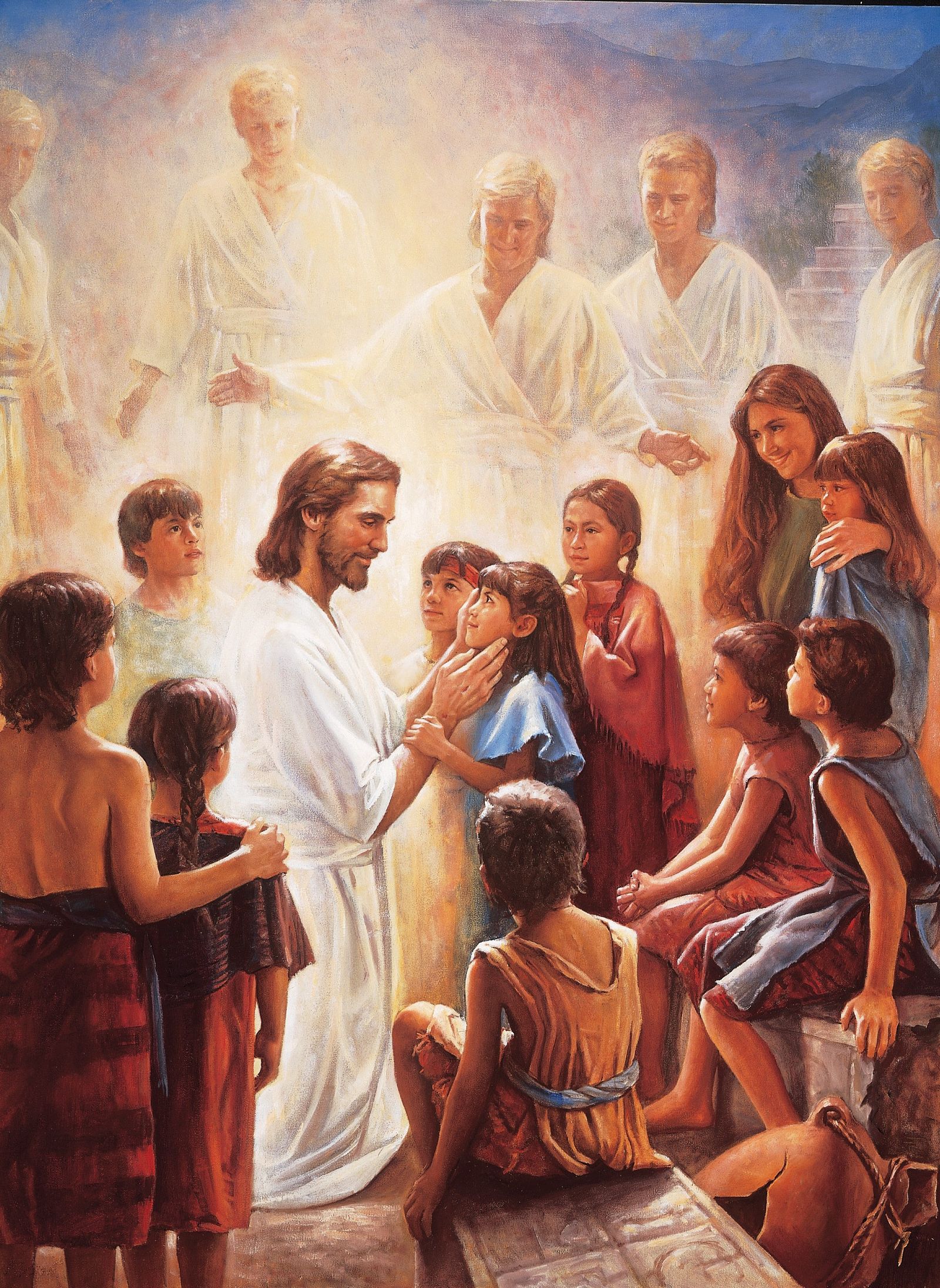 Christ and the Book of Mormon Children, by Del Parson; GAB 84; nursery manual Behold Your Little Ones (2008), lesson 4, page 22; 3 Nephi 17:11–25
This image is to be used for Church purposes only.