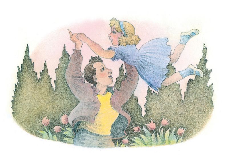 A watercolor illustration of a man wearing a jacket, tossing his daughter into the air in a playful gesture.