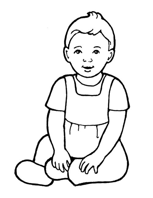 A black-and-white illustration of a baby girl wearing a jumper and sitting on the ground.