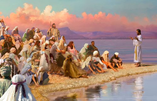 Jesus teaching on the shore of a lake