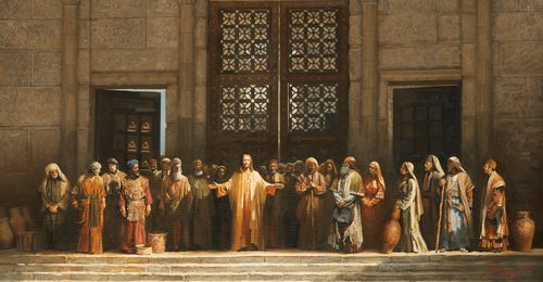 Ježíš a zástup lidí před bránou chrámu