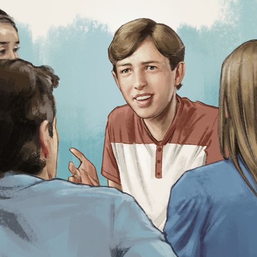 Teenaged Elder Anderson shares his beliefs with friends Illustration of Elder Neil Anderson when he was 16 years old at a conference he traveled to the east coast to attend. He is in a informal group of people and he is explaining his beliefs to the group.