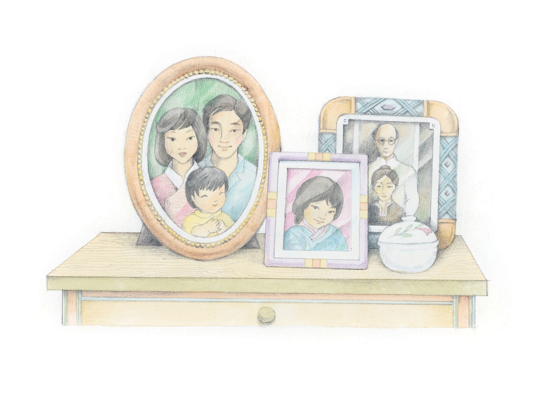Three family photographs on a nightstand. From the Children’s Songbook, page 92, “The Hearts of the Children”; watercolor illustration by Phyllis Luch.