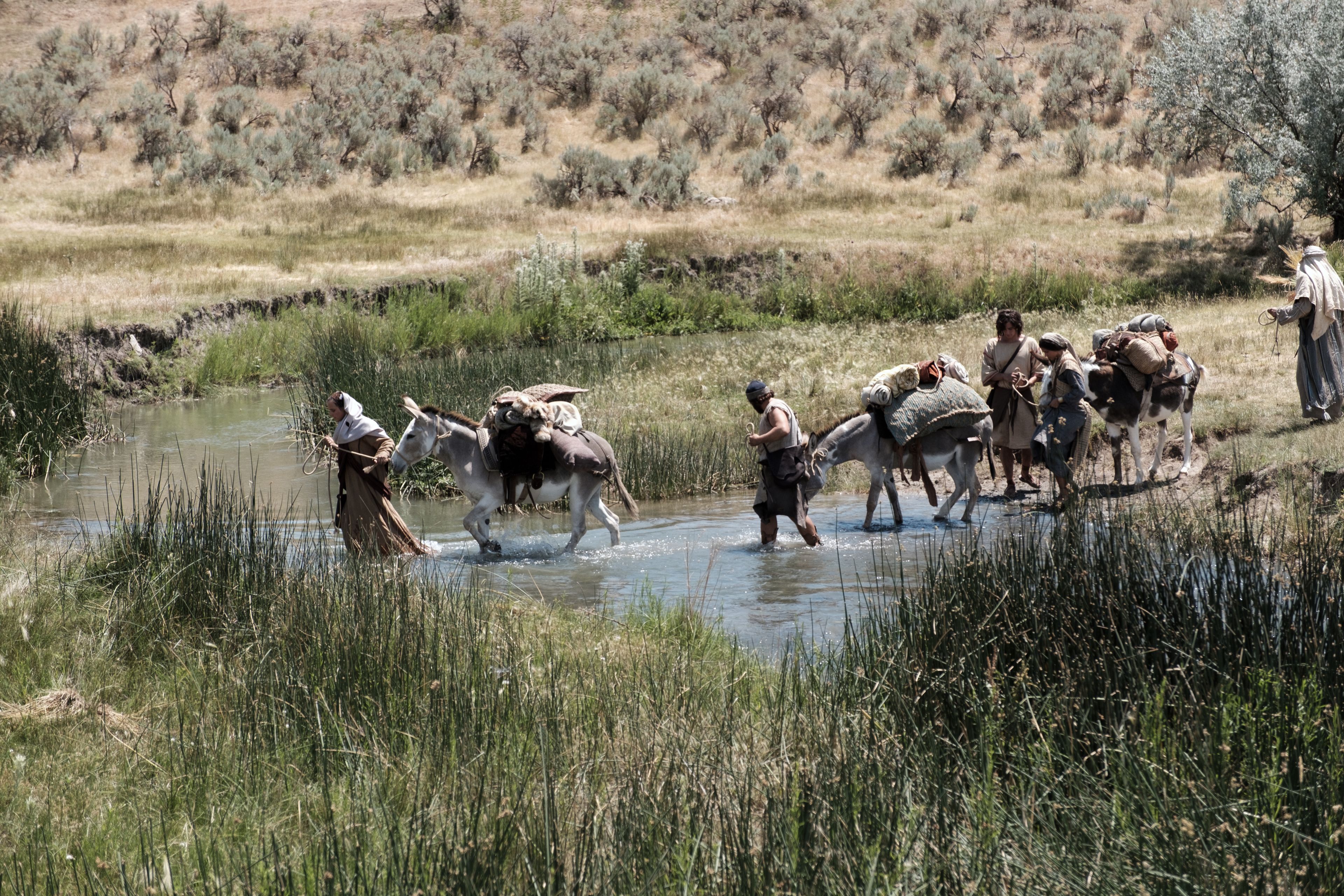 Lehi and Ishmael's families cross a river in the wilderness.