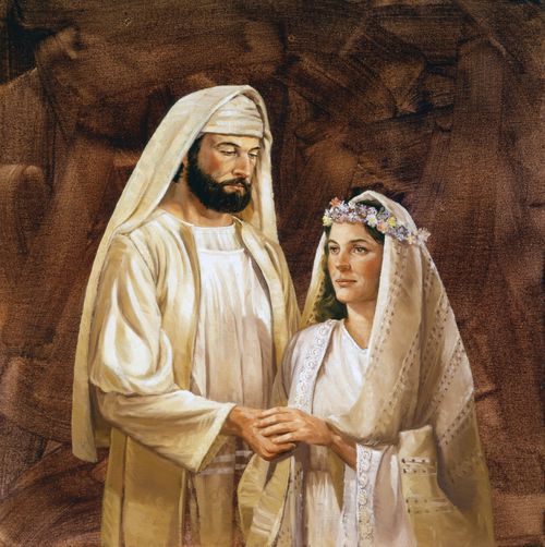 A painting of a New Testament–era bride and groom against a brown background.
