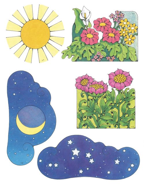 Primary cutouts of a yellow sun with an orange center, a moon at night, white stars, pink flowers, and different-colored flowers.