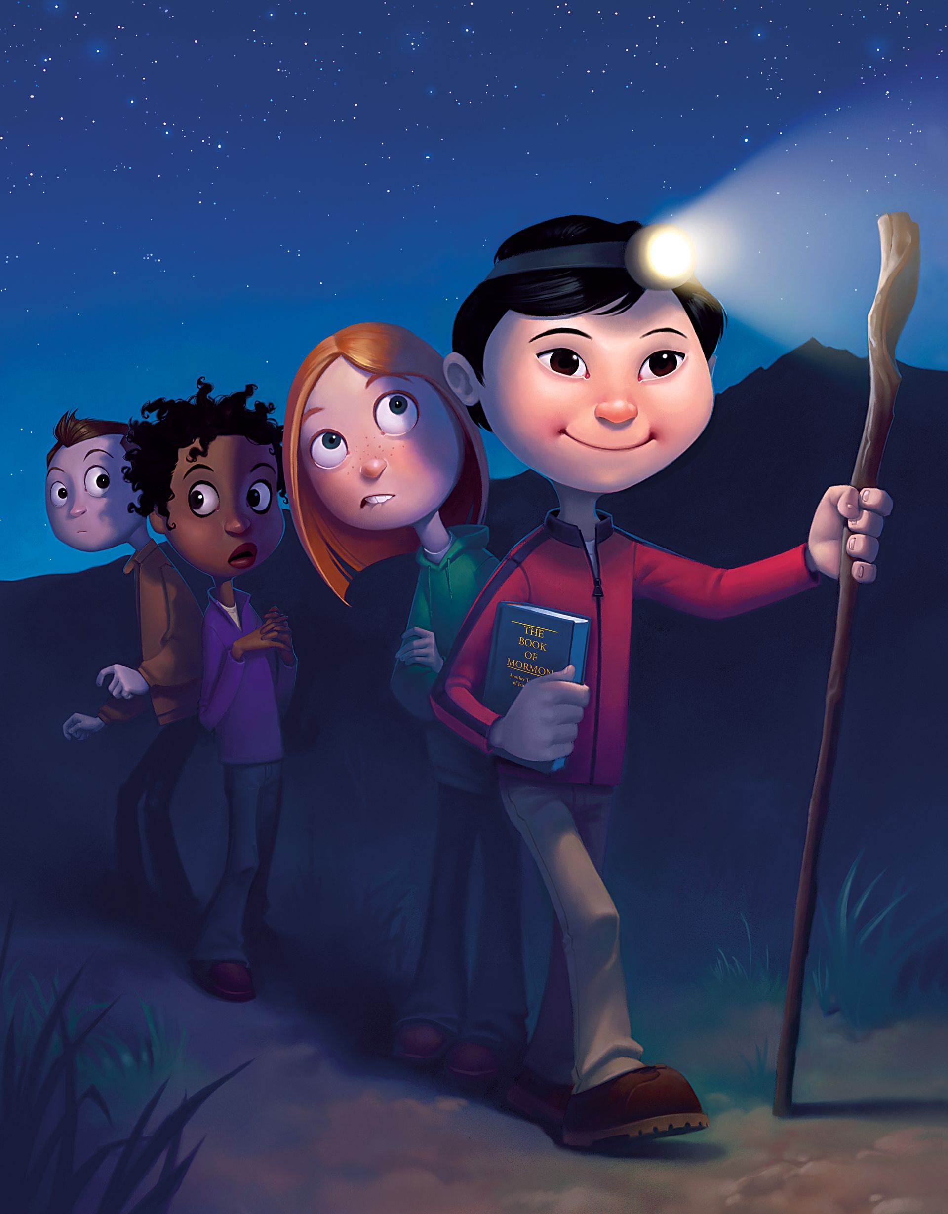A young woman wearing a headlamp and carrying a Book of Mormon leads a group of children in the dark.