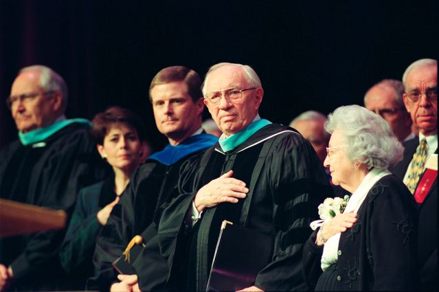 Gordon B. Hinkley and David A. Bednar at the BYU-Idaho Presidential Inauguration