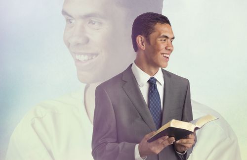 Composite of 2 photos of a young man in baptismal jumper on and the same young man in suit holding scriptures.