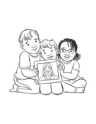 coloring page of children holding picture of Jesus