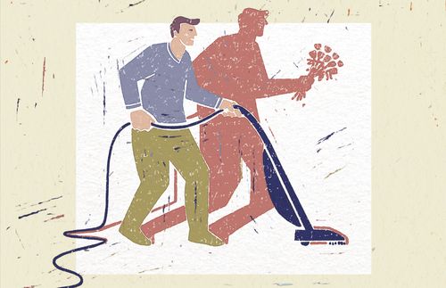 men vacuuming and giving flowers